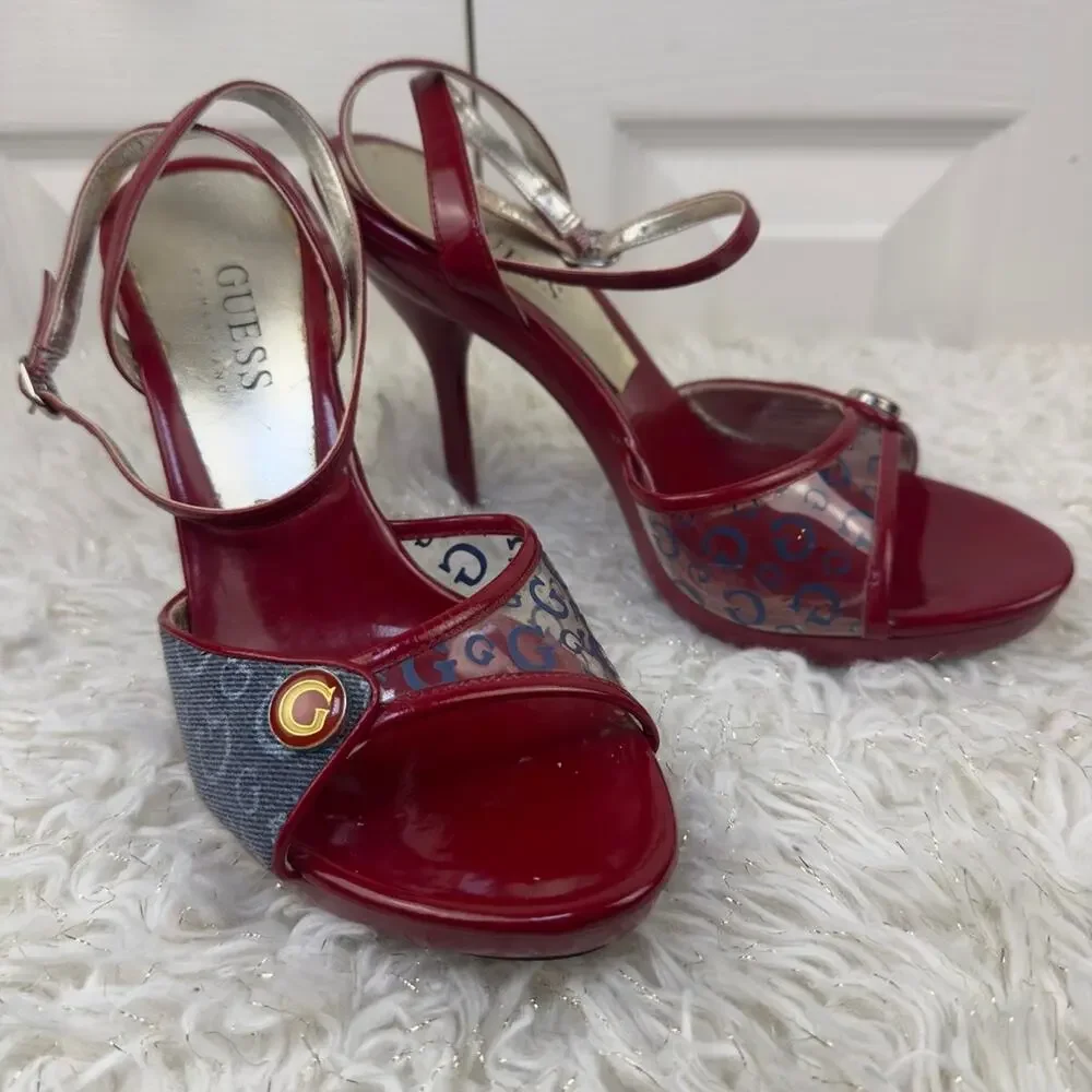 Guess Y2K Red Logo Clear PVC Platform Stiletto Heels Designer Open Toe Sandals